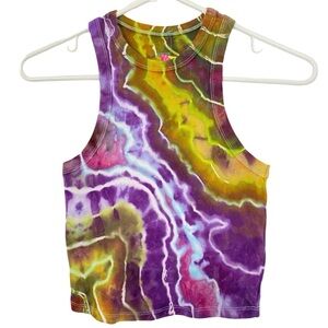 Geode Tie Dye Ribbed Tank Top Crop Womens Size XS High Neck Handmade Chartreuse